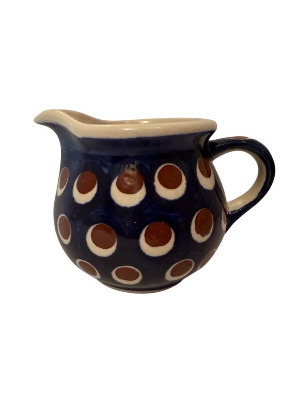 POLISH POTTERY CREAMER MINI PITCHER BLUE WHITE BROWN HANDMADE HOME BOLESLAWIEC